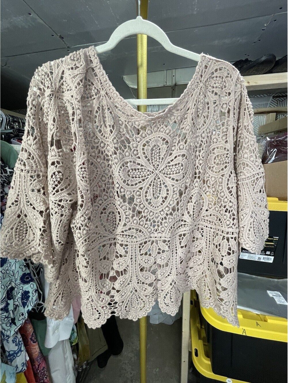 Unbranded Beige Open Knit Crochet Lace Top Womens XL Bell Sleeve Fairycore Boho - Picture 2 of 5
